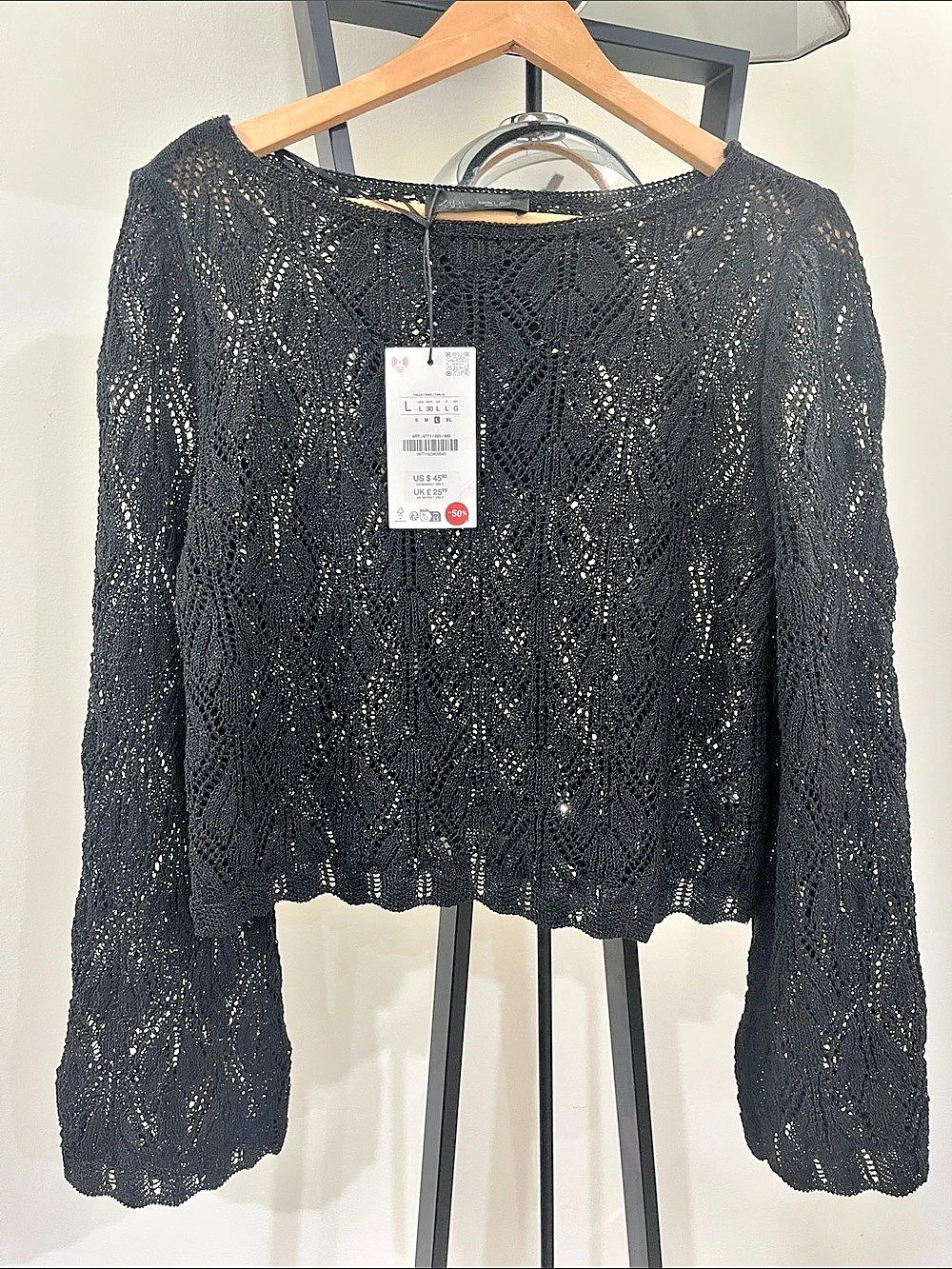 Zara Lace-Knit Sweater in Black Size Large NWT